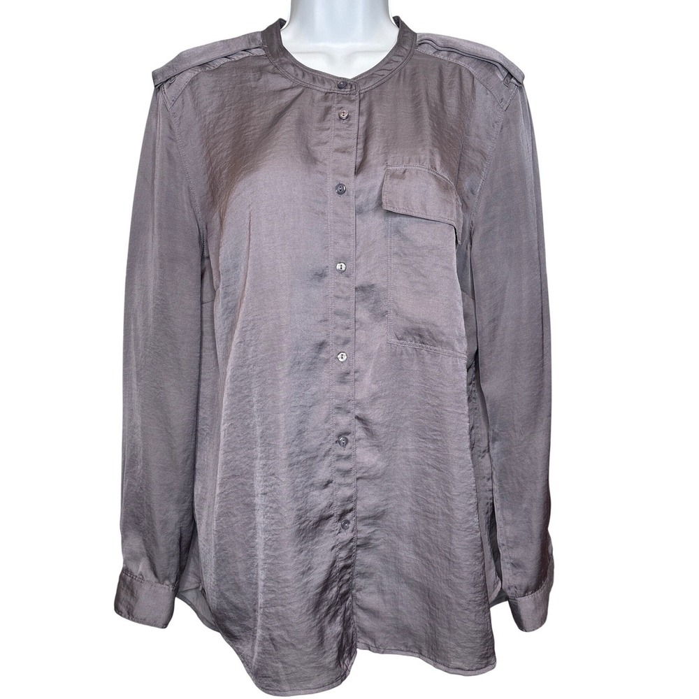 Gap Womens Y2K Gray Satin Button Up‎ Shirt Sz L Band Collar Epaulets Minimalist